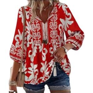 Vivilli Boho Top Women’s Red White Bohemian Tassel Tie Peasant Blouse XL Festiva